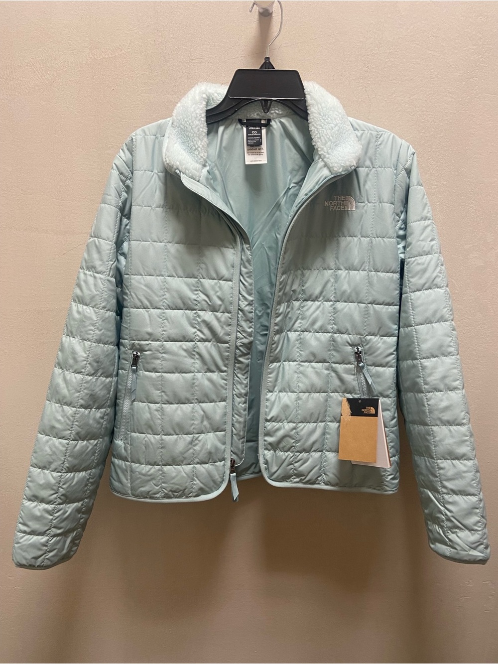 The North Face Light Mint Quilted Puffer Jacket with Sherpa Collar Sz.S New - Picture 8 of 11